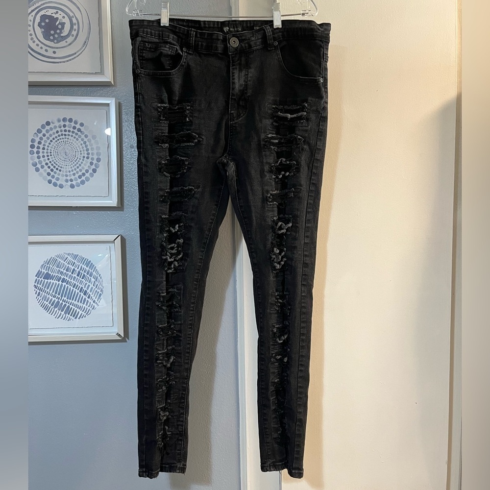 Waimea Men's Distressed Shredded Ripped Black Skinny Jeans Size 36